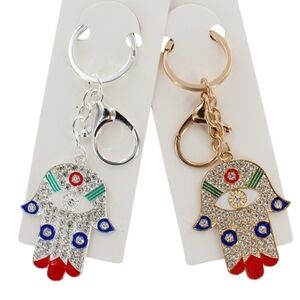 Set of 2 Hamsa Hand Keychain Set - Silver and Gold Bag Charms (Good Luck)